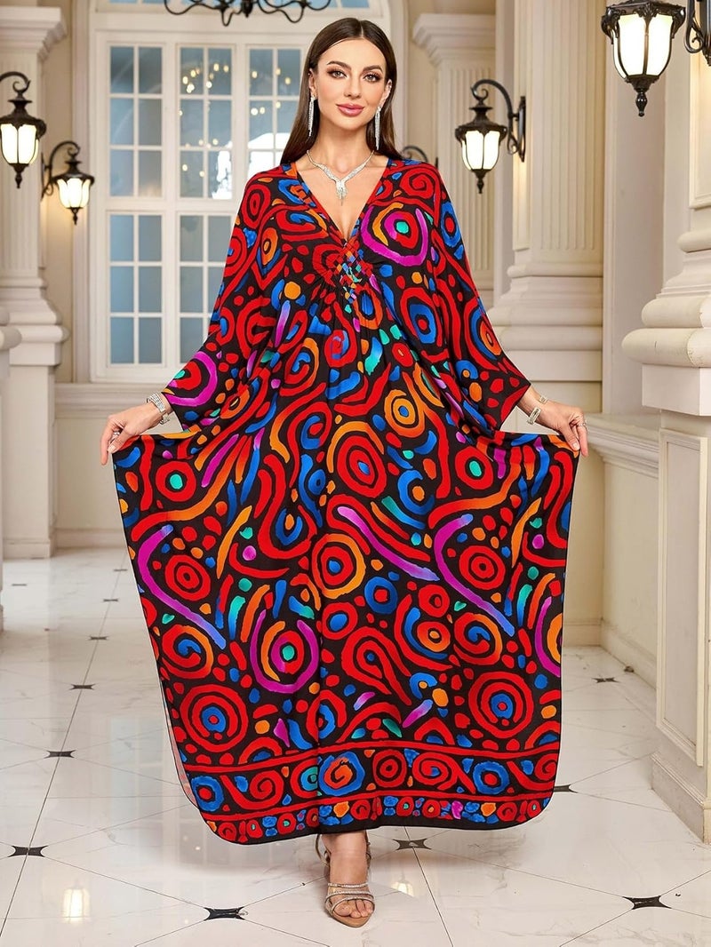 KEYLORTING Women’s Kaftan Beach Cover Up Dress Plus Size Summer Swimsuit Loungewear Maxi Dress - Image 5